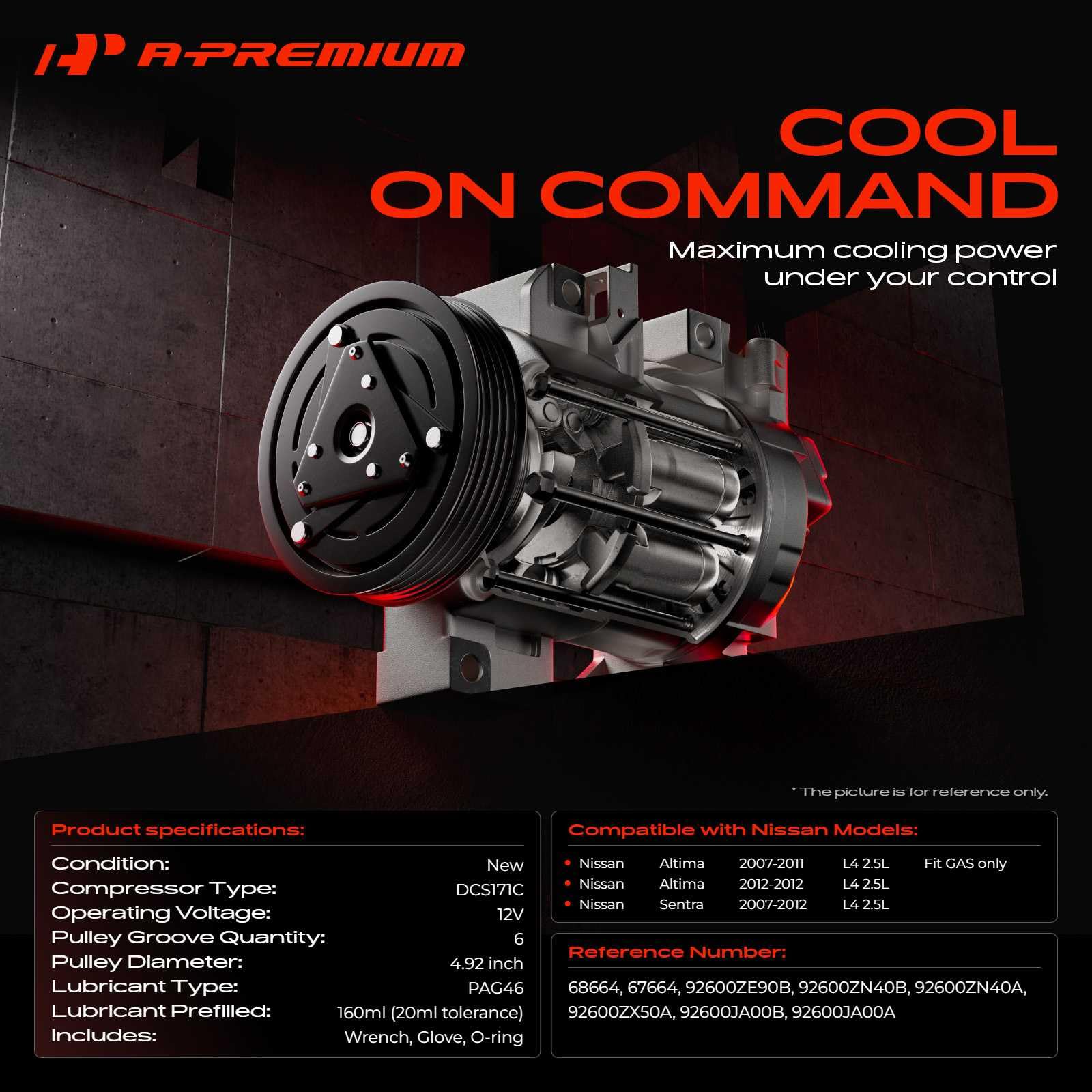 A-Premium Altima 2.5L AC compressor front view for easy compatibility checks.