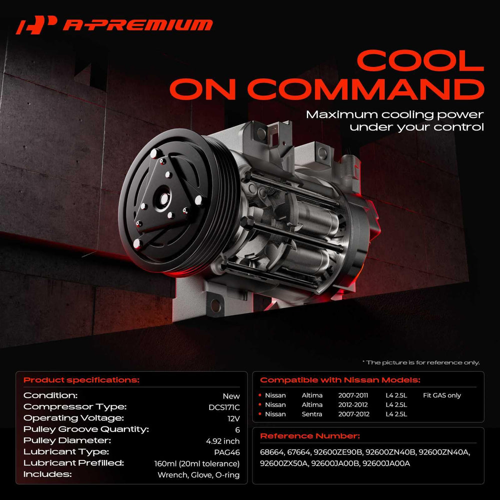 A-Premium Altima 2.5L AC compressor front view for easy compatibility checks.