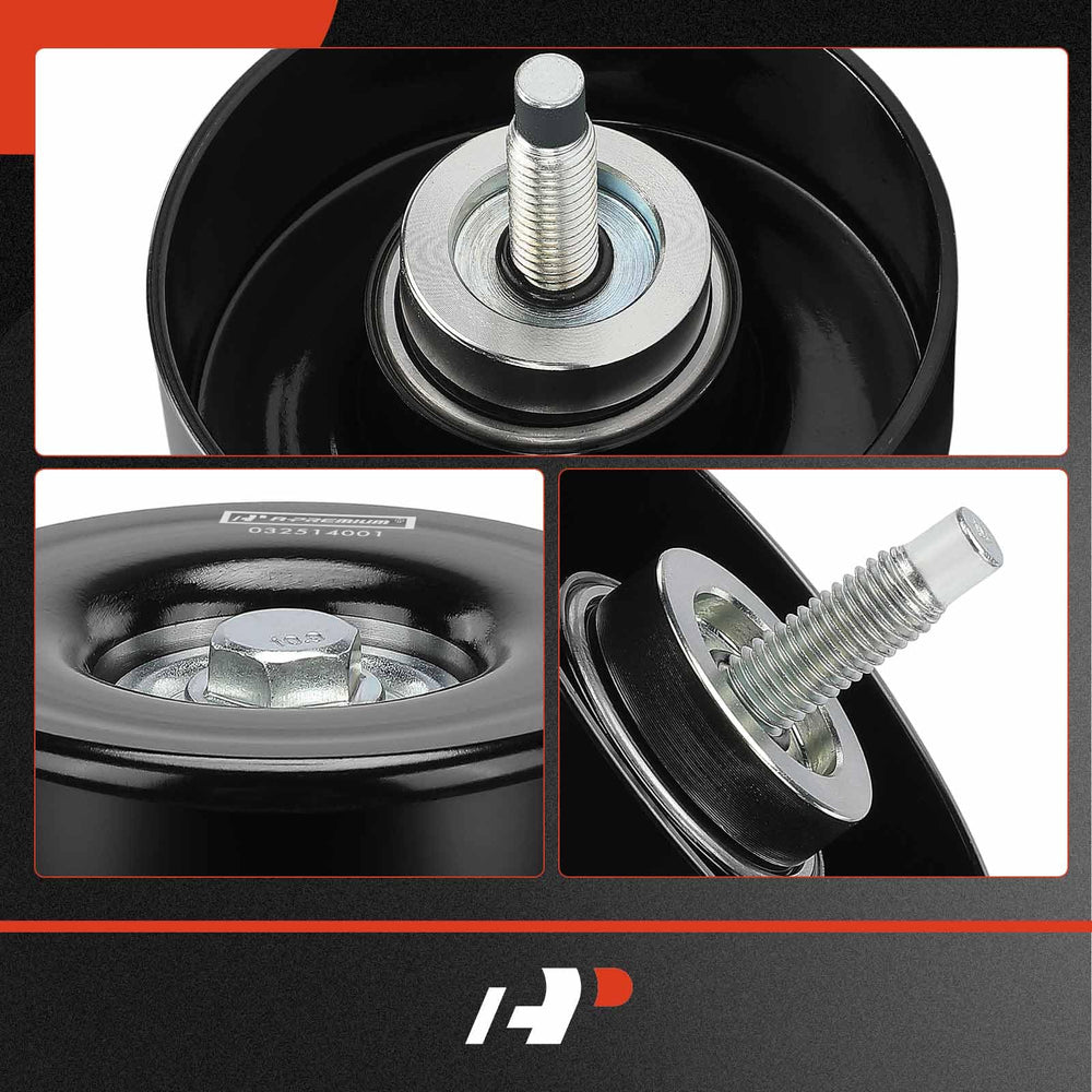 Packaging of A-Premium belt idler pulley; ready-to-install with hardware.