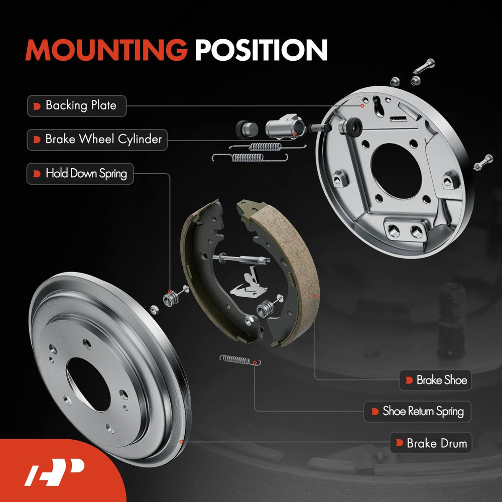 Close-up of A-Premium ceramic brake shoes highlighting bonded friction material.