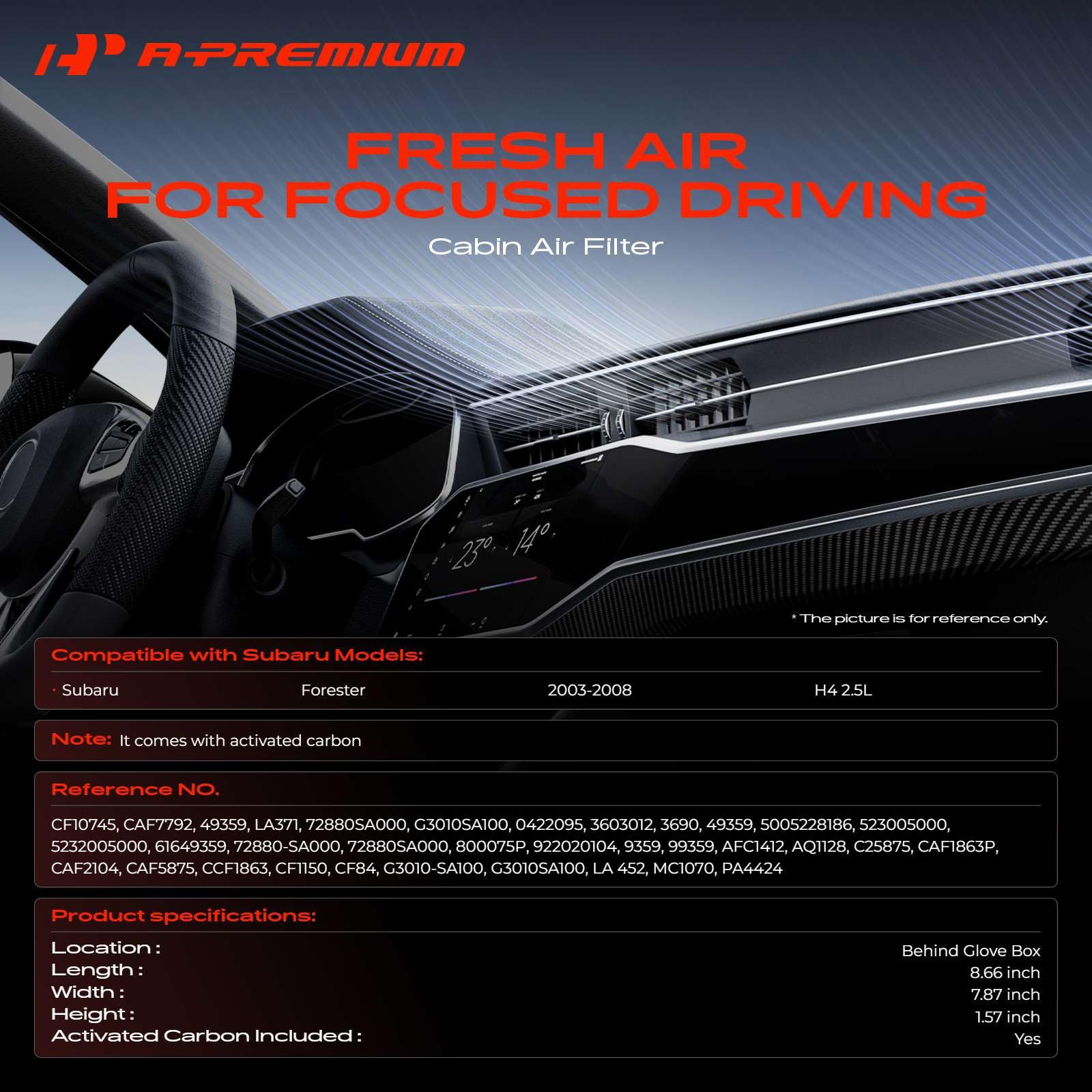 A-Premium activated carbon included for odor control inside Subaru Forester