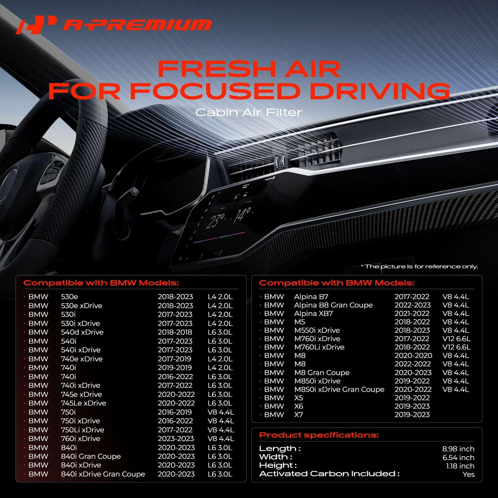 A-Premium cabin air filter front-view demonstrates easy fit for BMW models.