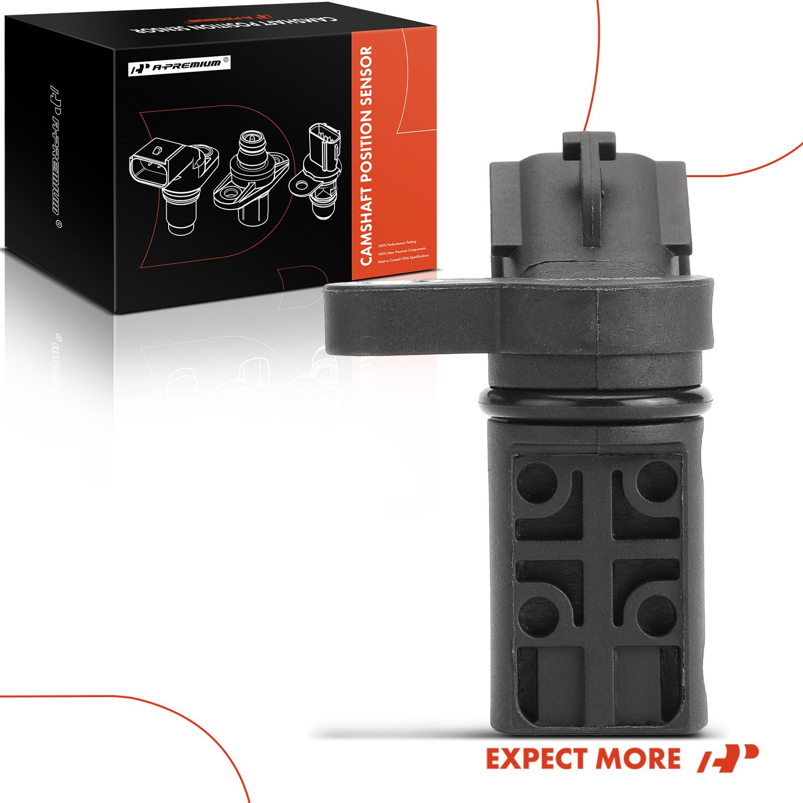 A-Premium camshaft sensor closeup shows rugged black housing for durability.