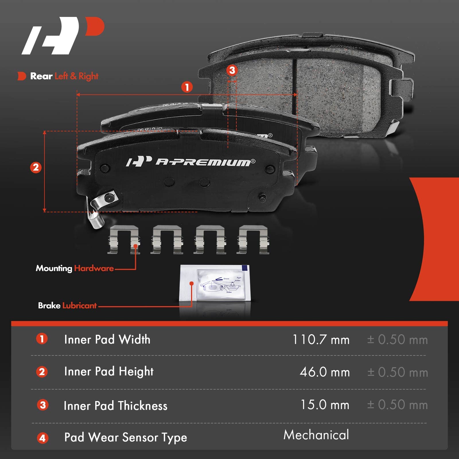 A-Premium ceramic brake pads manufactured in a clean room for low dust.