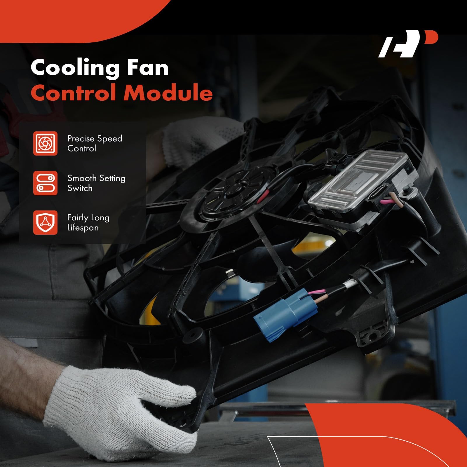 A-Premium cooling fan module terminal area close-up shows sturdy connections.