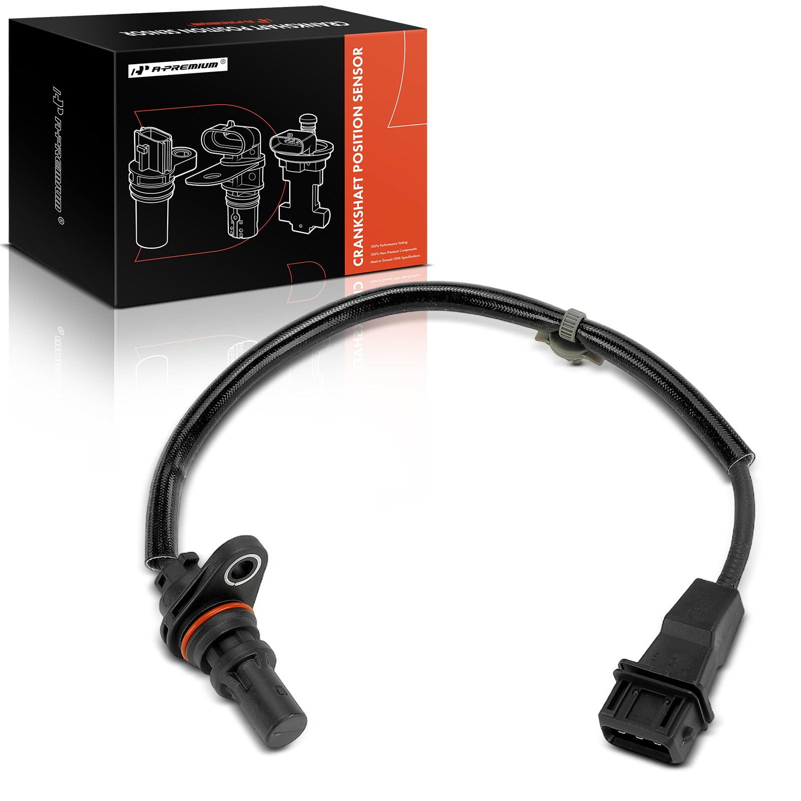 A-Premium crankshaft position sensor front view shows compact, durable design for easy replacement.