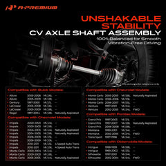A-Premium front-right CV axle close-up shows sturdy spline and boot for durability