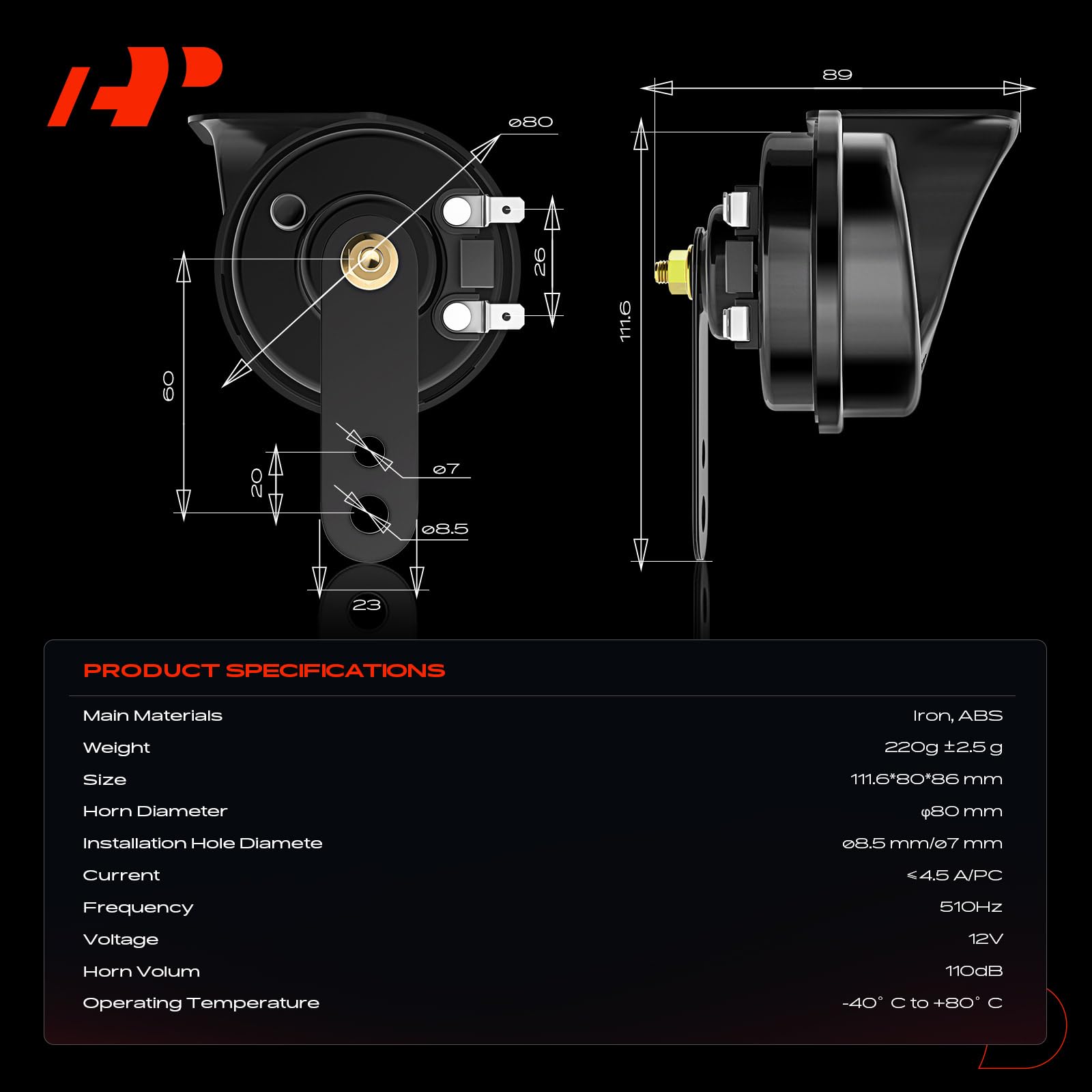 A-Premium dual snail horn 80mm installation diagram, quick and secure mounting.