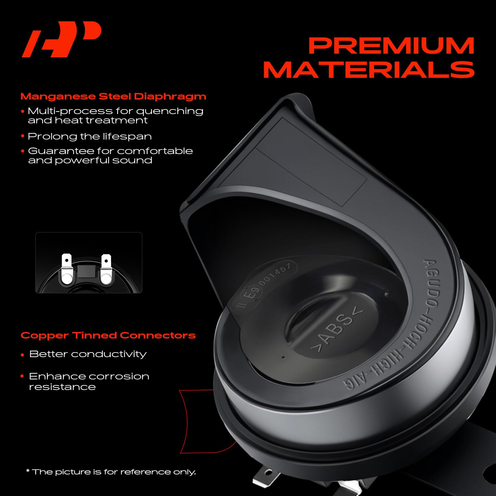A-Premium dual snail horn 80mm iron-abs housing detail, durable construction for long-term use.
