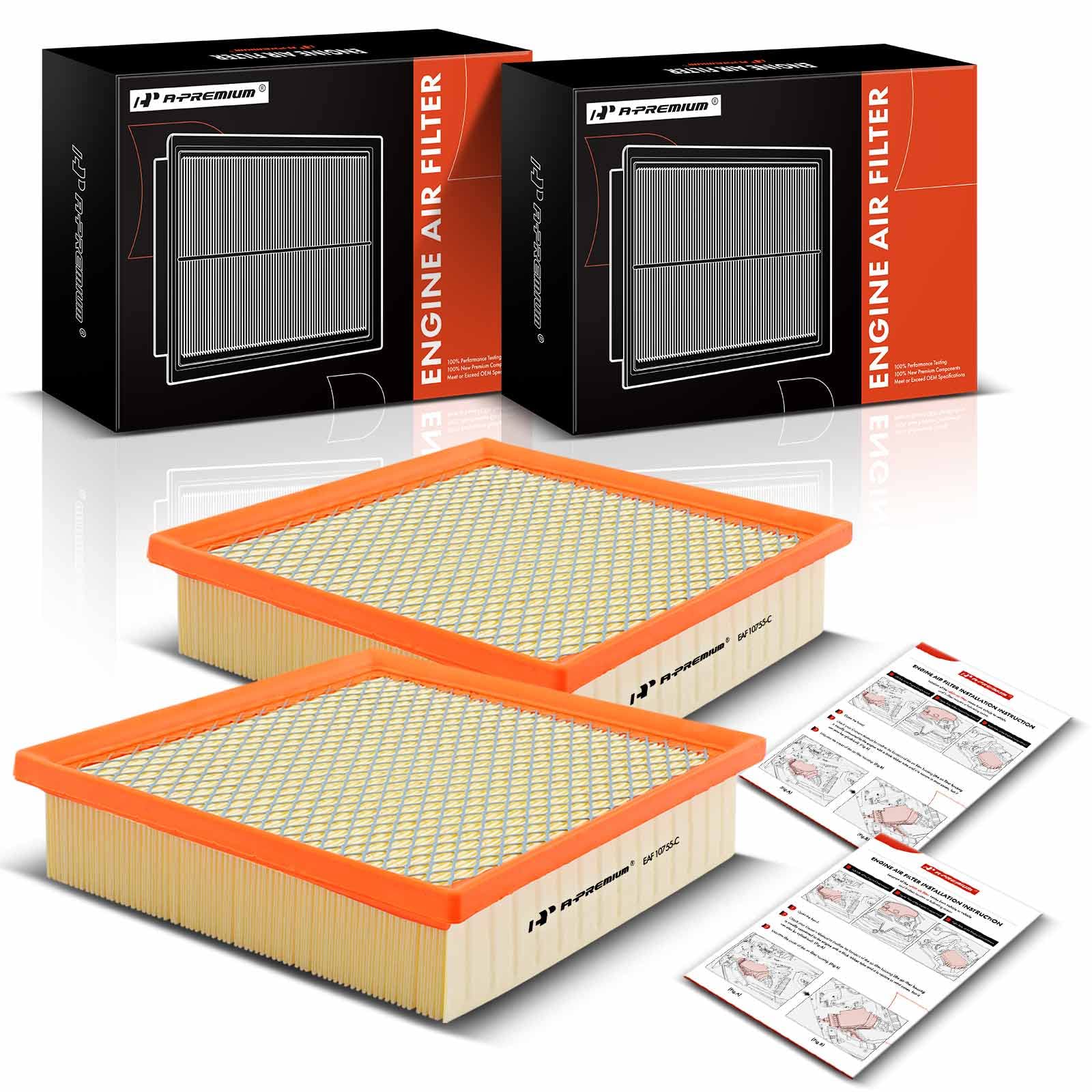 A-Premium engine air filter front view shows a compact square design for efficient intake.