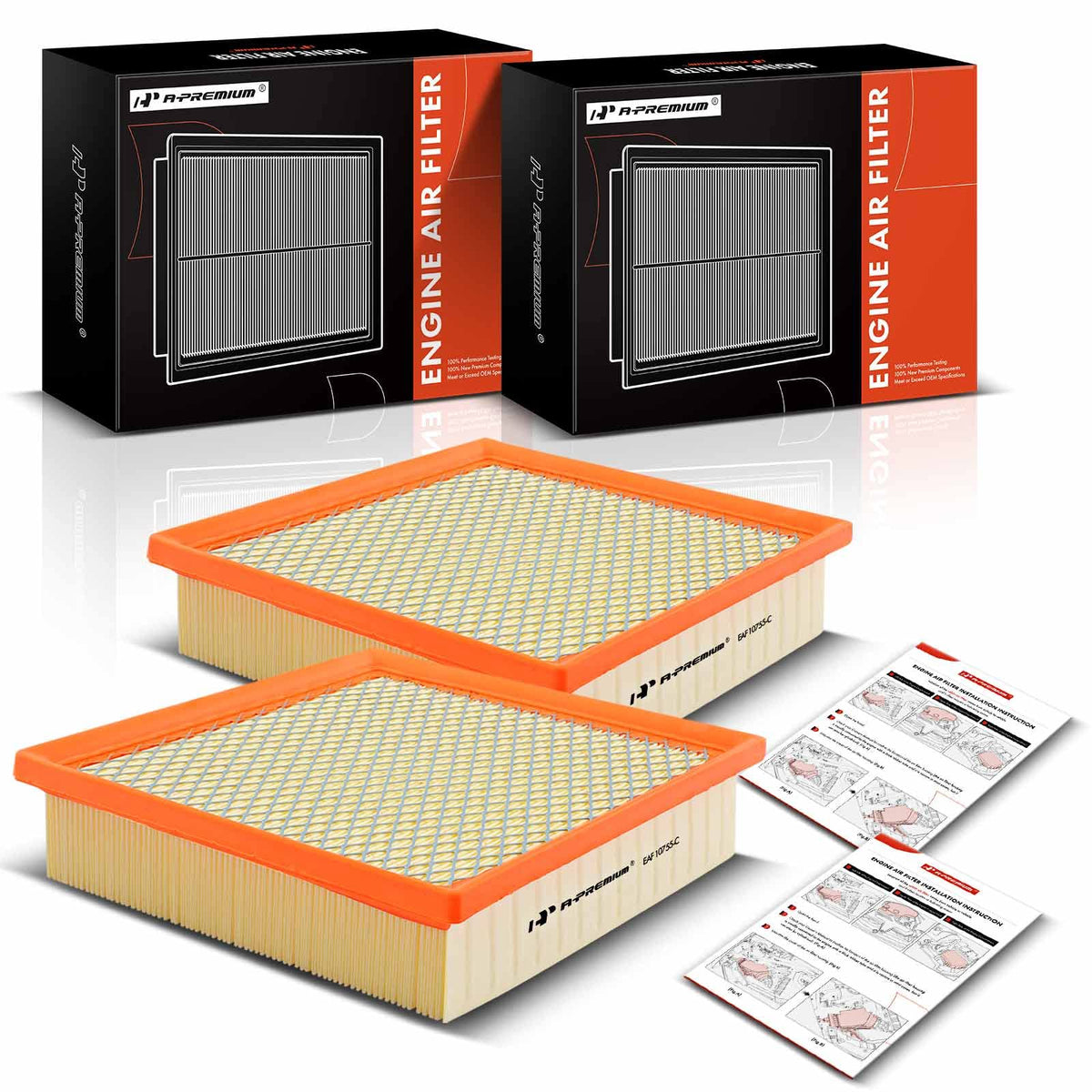 A-Premium engine air filter front view shows a compact square design for efficient intake.