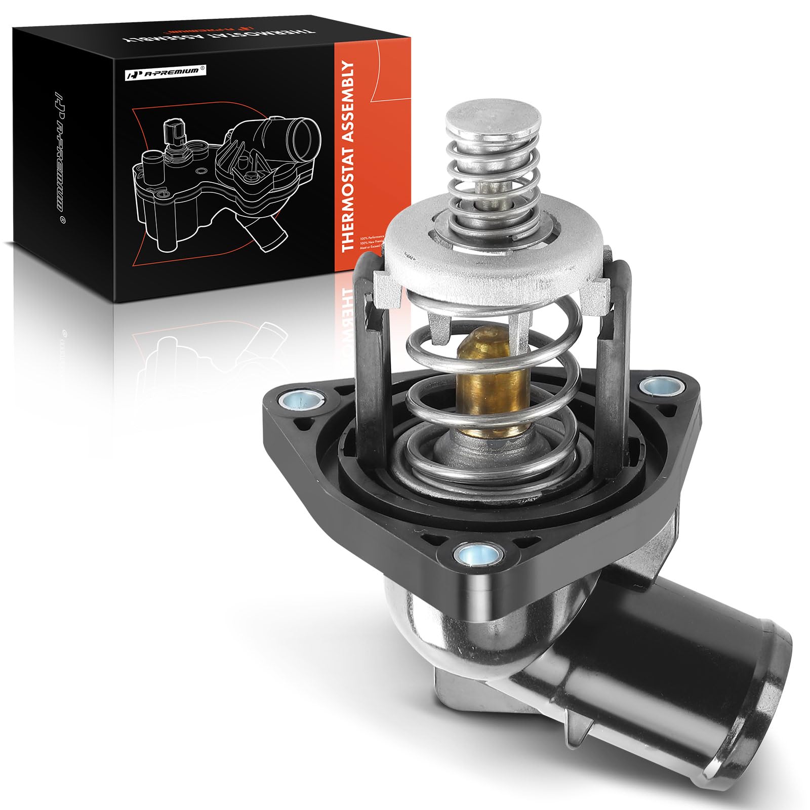 A-Premium engine coolant thermostat housing assembly, front view, ideal for high-performance Chevy GMC Cadillac engines.
