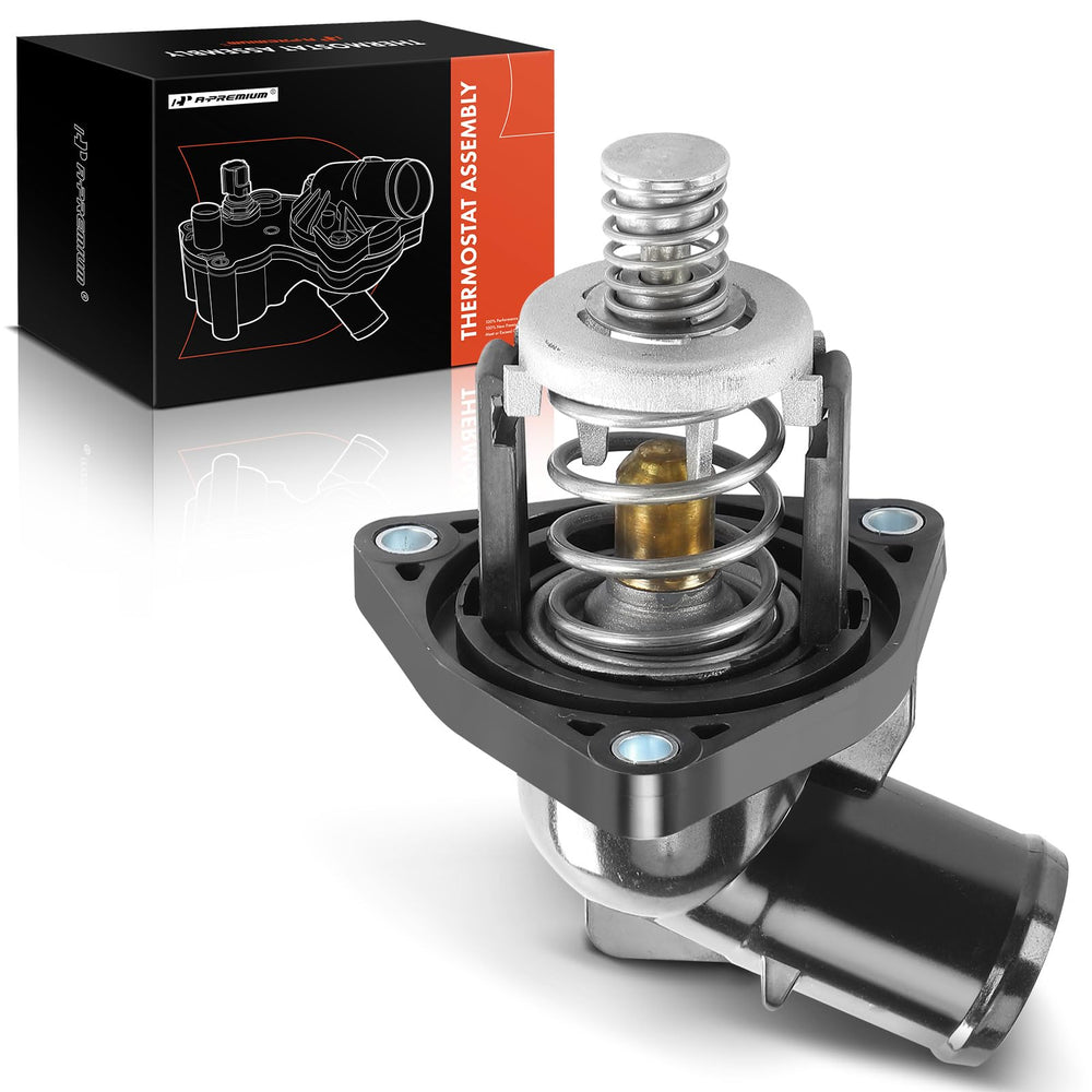 A-Premium engine coolant thermostat housing assembly, front view, ideal for high-performance Chevy GMC Cadillac engines.