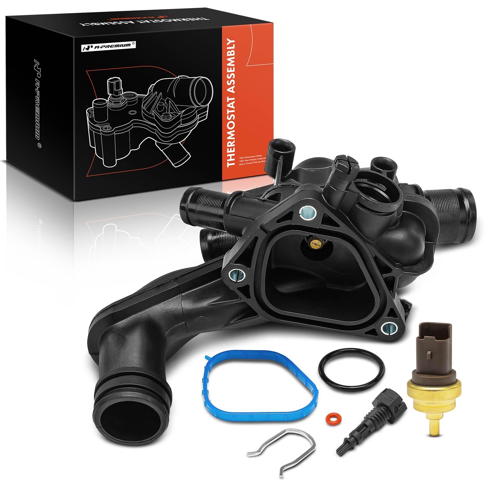 A-Premium thermostat housing for Mini Cooper front view with sensors.