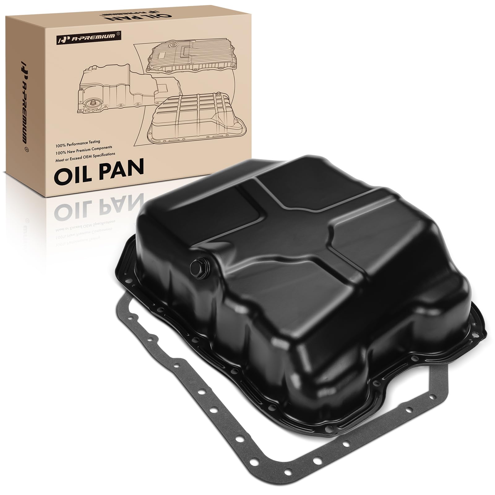 A-Premium engine oil pan side view showing sturdy steel construction