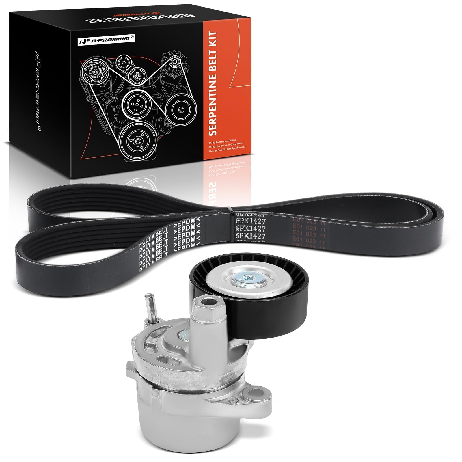 A-Premium assembly parts image demonstrates included belt and tensioner ready for install.