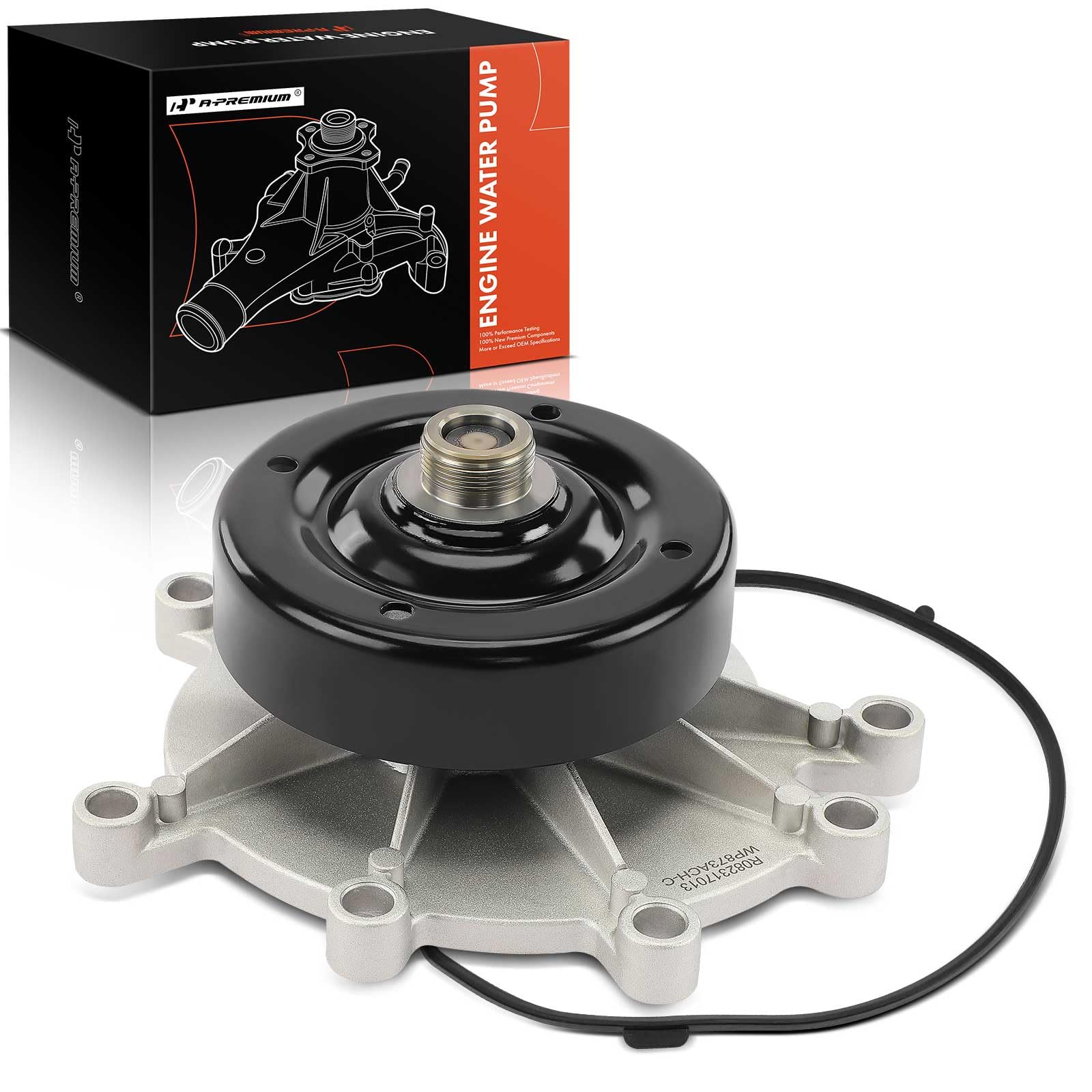 A-Premium engine water pump closeup with durable aluminum housing for reliable cooling.