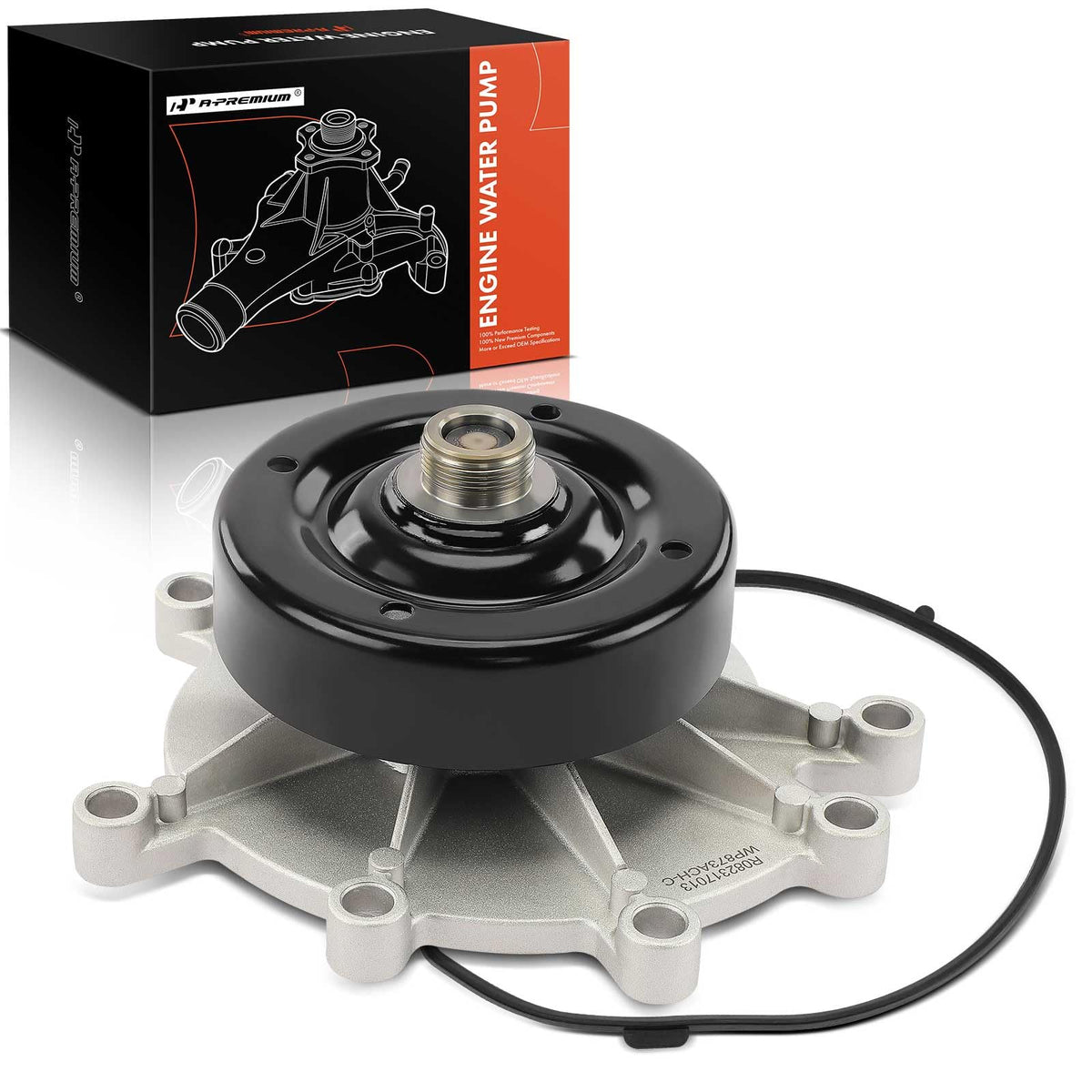 A-Premium engine water pump closeup with durable aluminum housing for reliable cooling.