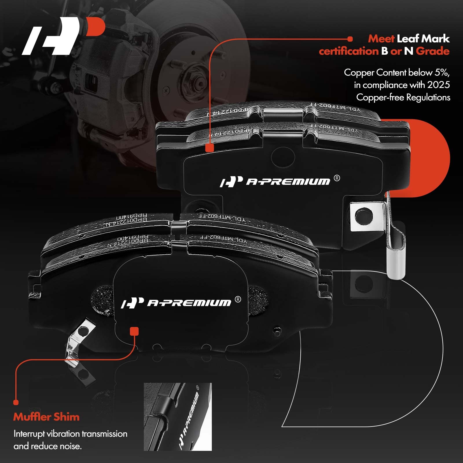 A-Premium front brake pads close-up showing ceramic surface and even wear