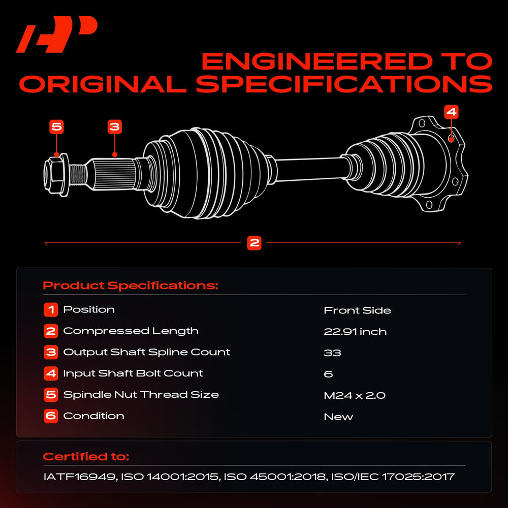 Close-up of A-Premium front CV axle spline engagement