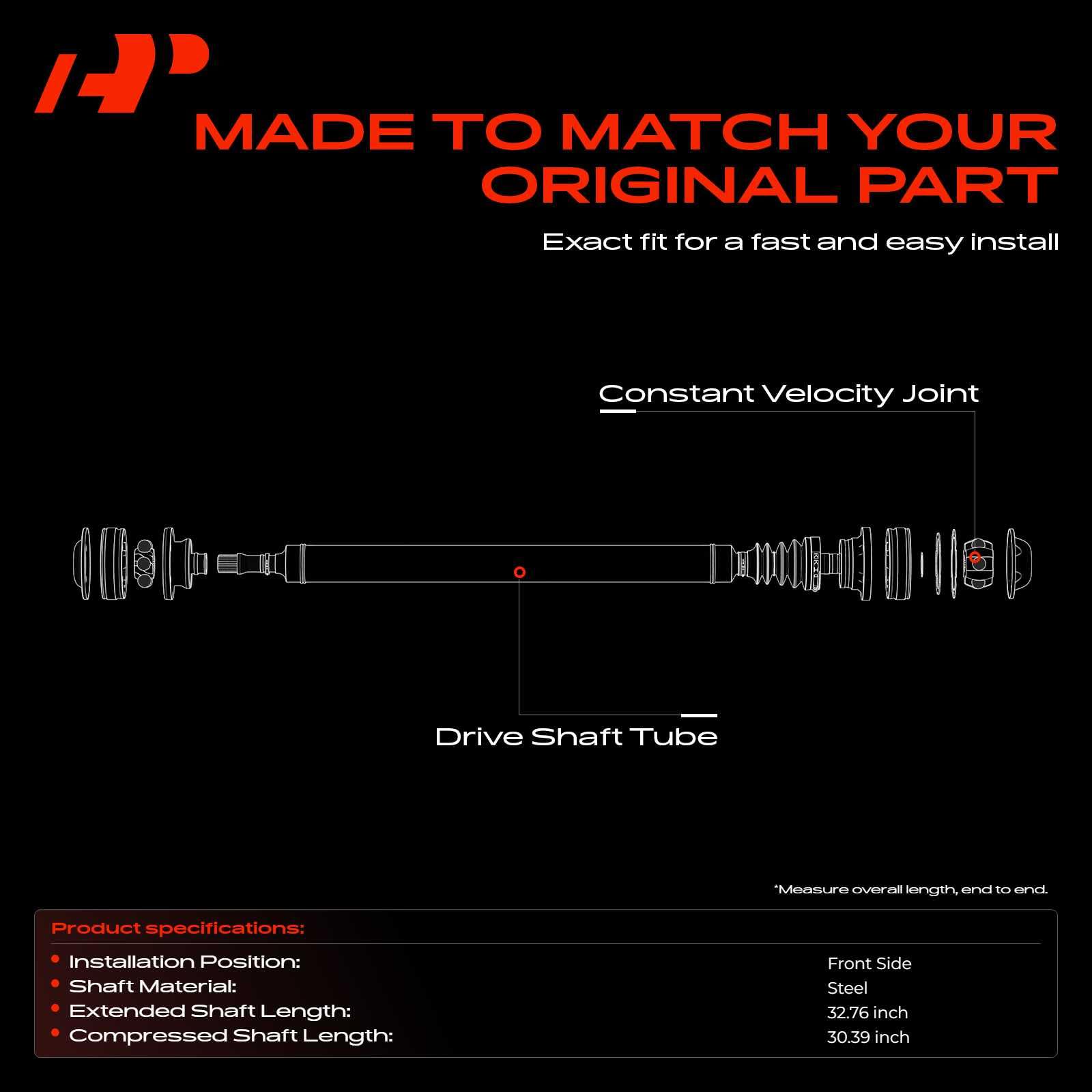 A-Premium front driveshaft steel shaft closeup—high-strength material for longevity.