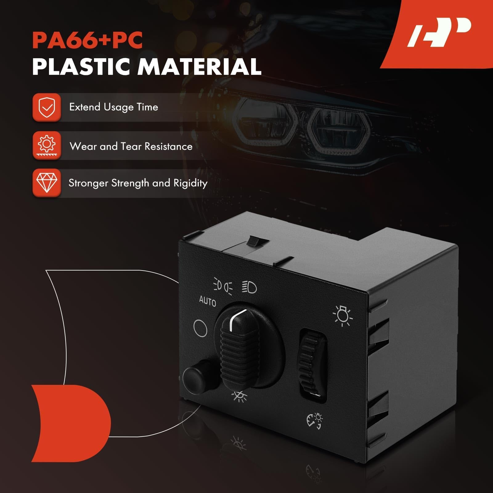 A-Premium headlight switch with dimmer knob; clear labeling aids use.