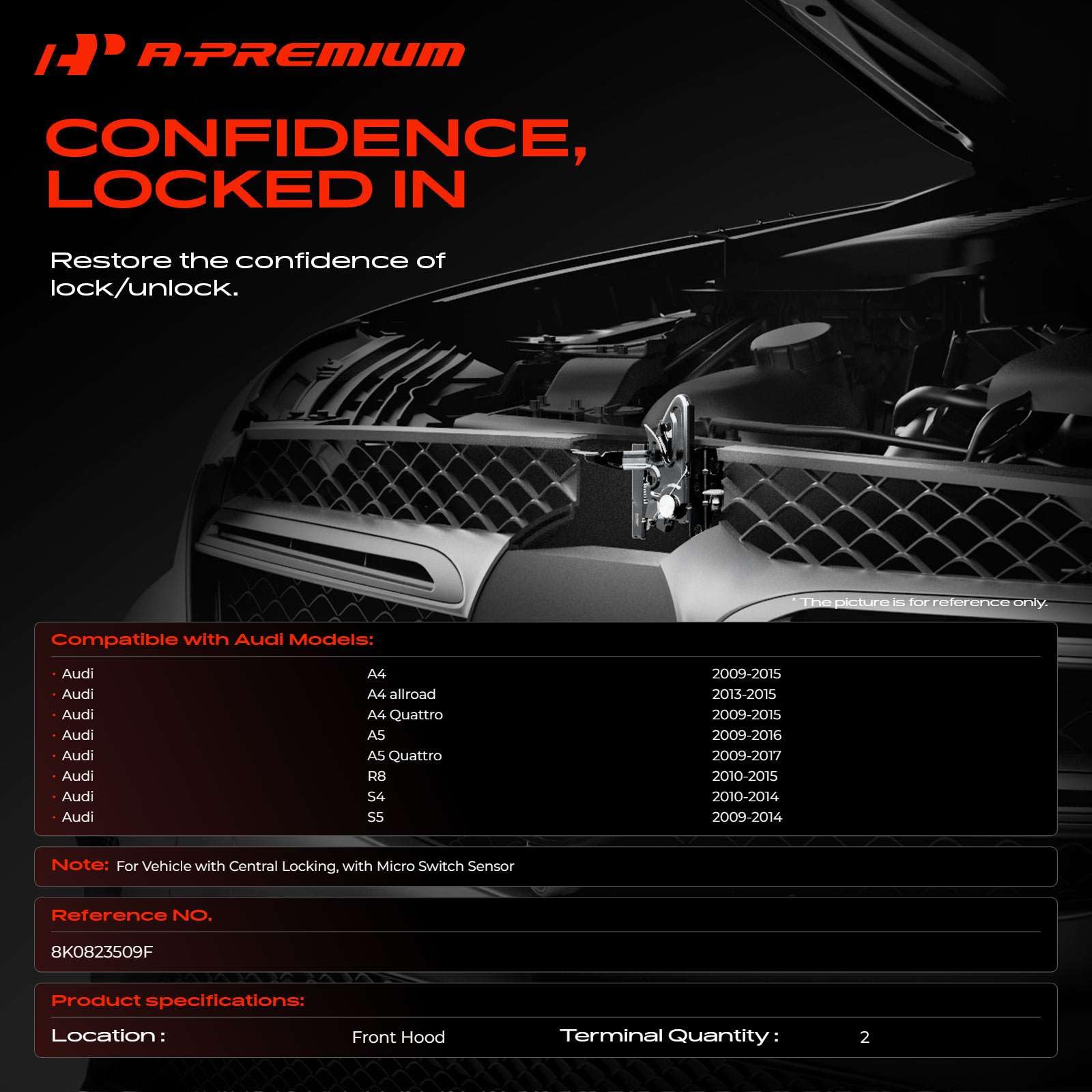 A-Premium hood latch lock side angle shows precise fit for Audi models