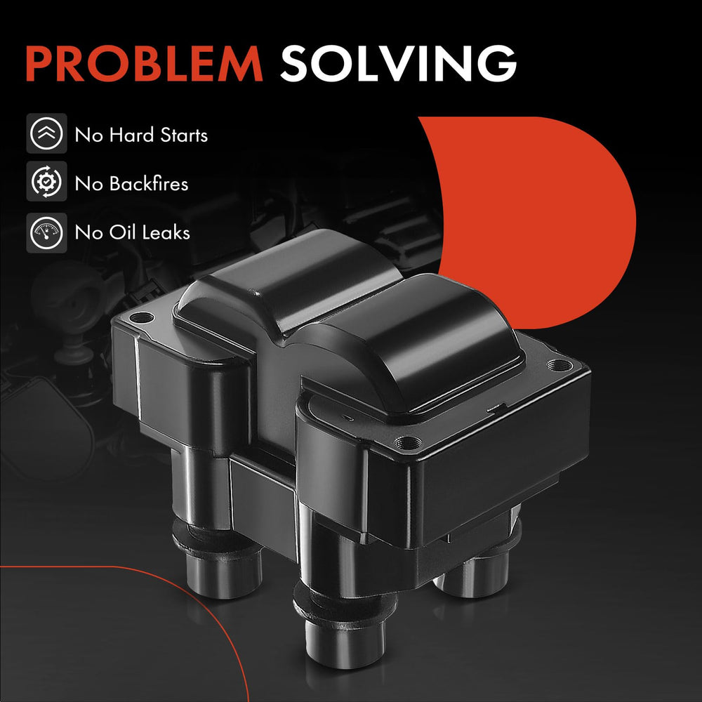 A-Premium ignition coil set 2 specs label highlights 12V system and blade terminals.