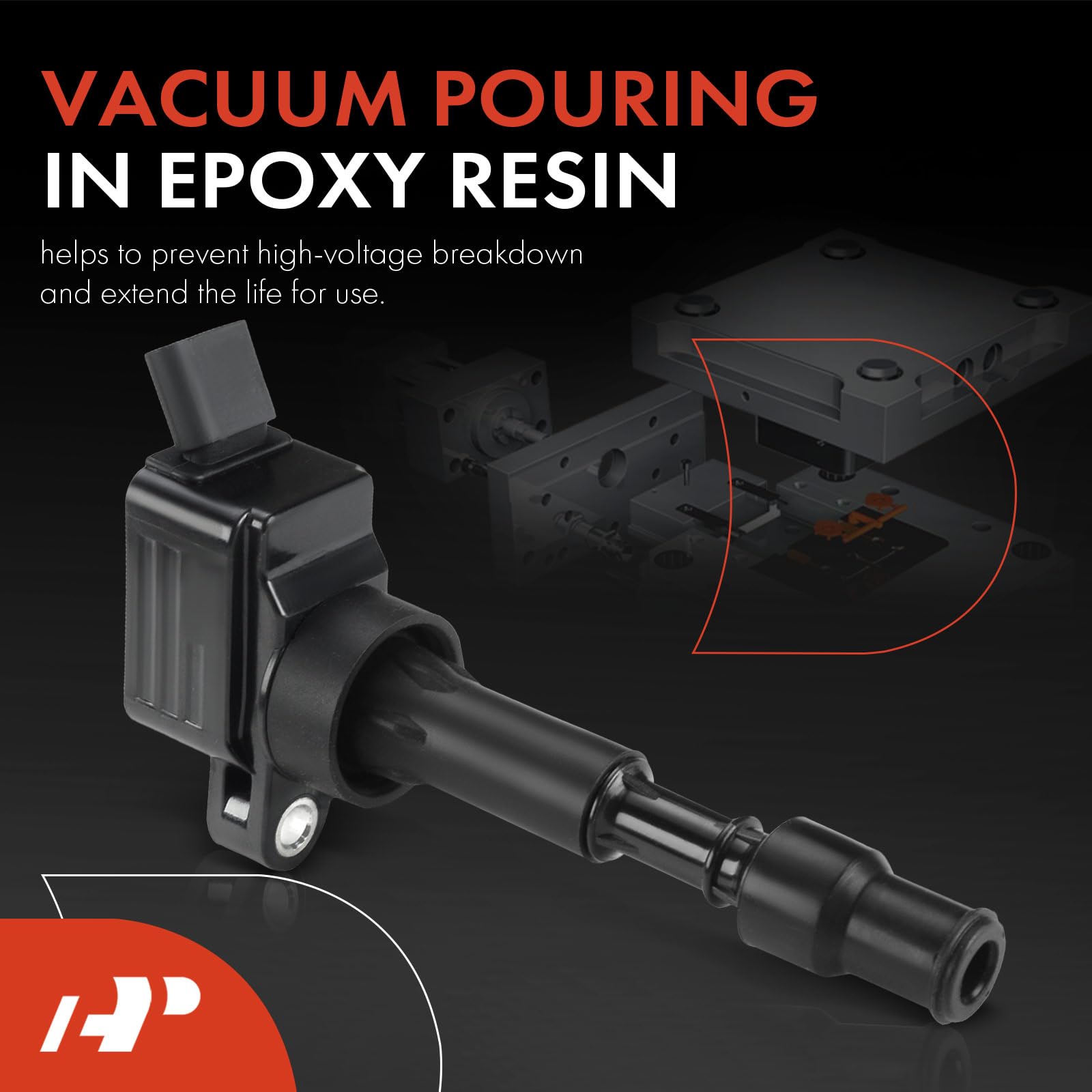 A-Premium ignition coil close-up showing four-pin terminal for reliable connection