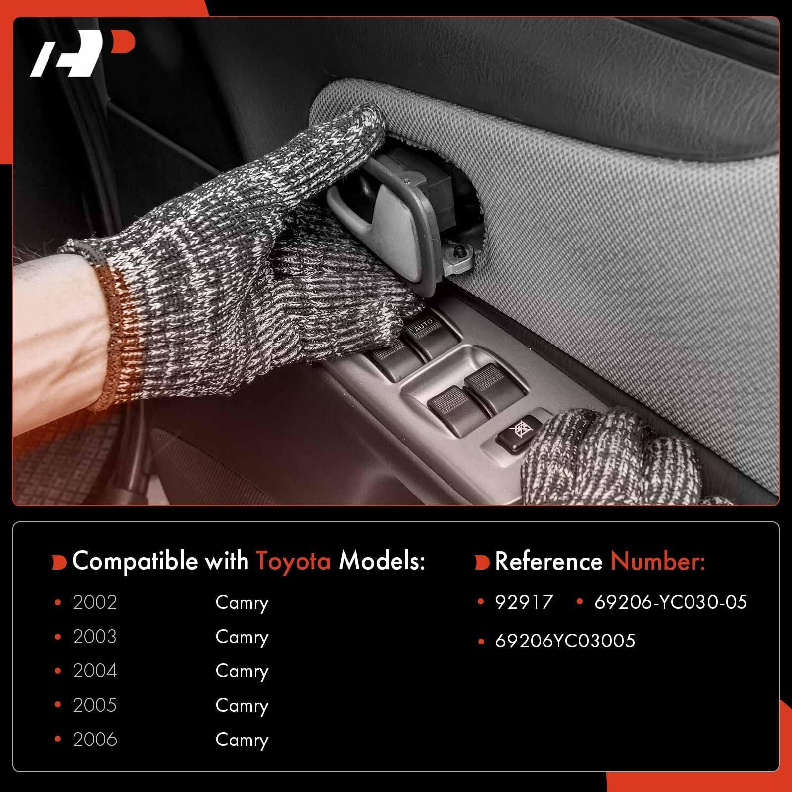 Interior door handle with beige housing and chrome lever enhances Camry cabin aesthetics.