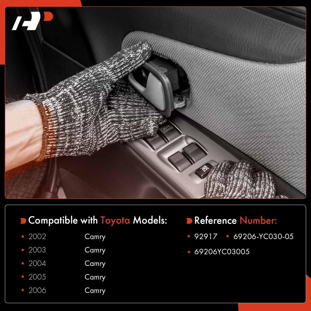 Interior door handle with beige housing and chrome lever enhances Camry cabin aesthetics.