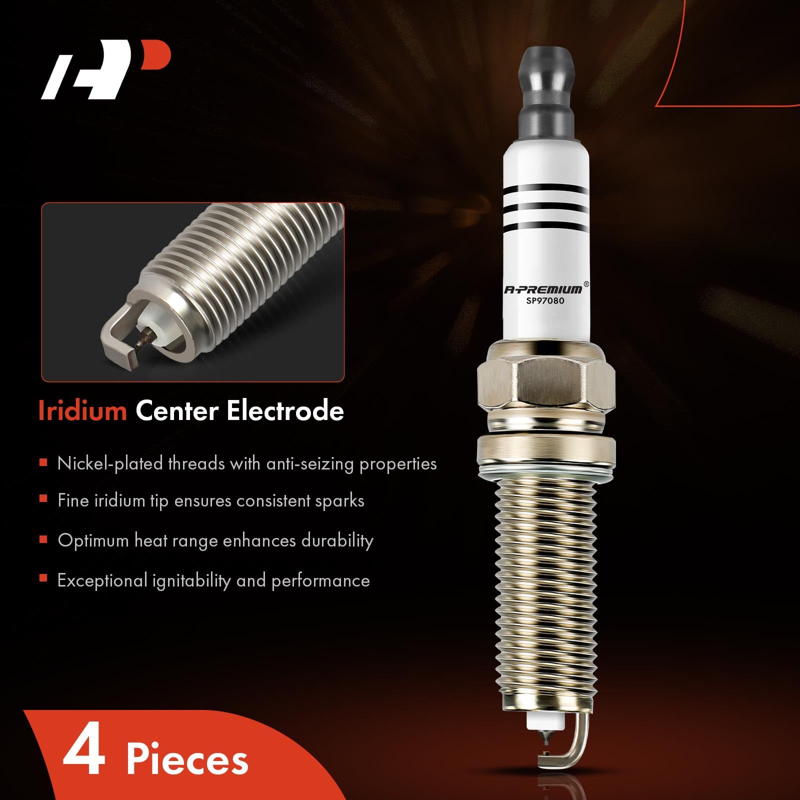 Iridium tip close-up from A-Premium plug highlighting longevity.