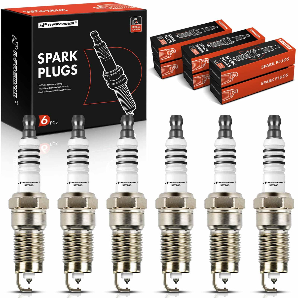 A-Premium iridium-platinum spark plugs in a 6-pack for durable performance.