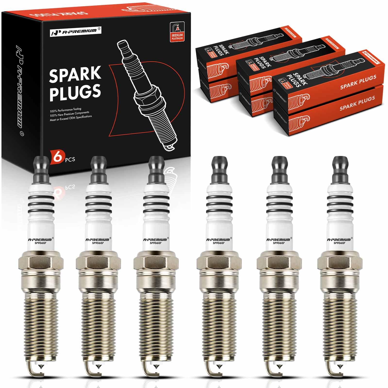 A-Premium iridium platinum spark plugs six-pack in packaging, ready for installation.