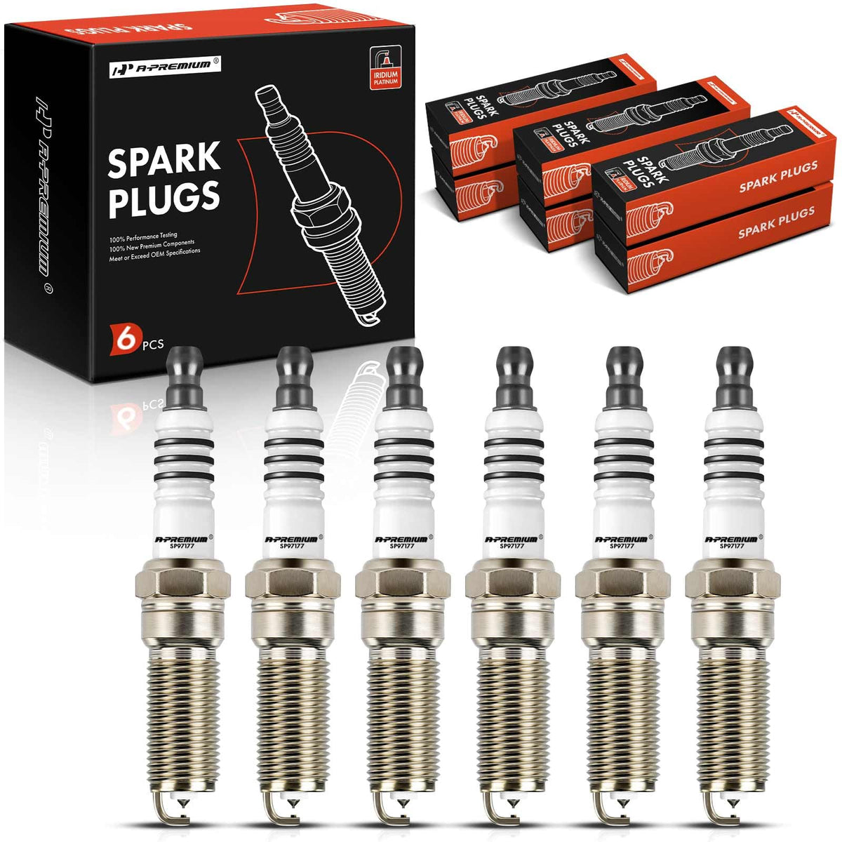 Pack of six A-Premium Iridium Platinum spark plugs, top view for longevity