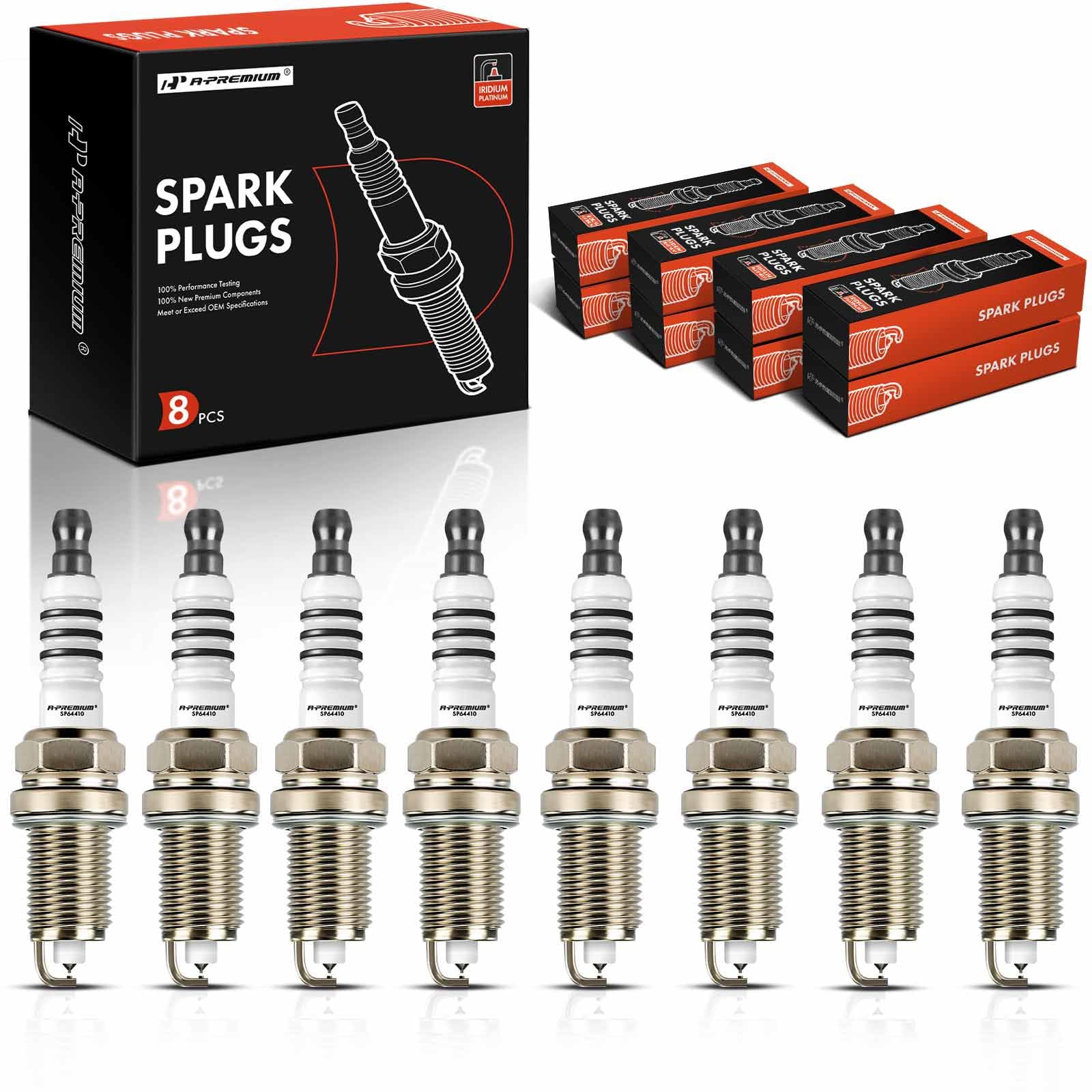 A-Premium iridium-platinum spark plugs eight-pack closeup showing durability.