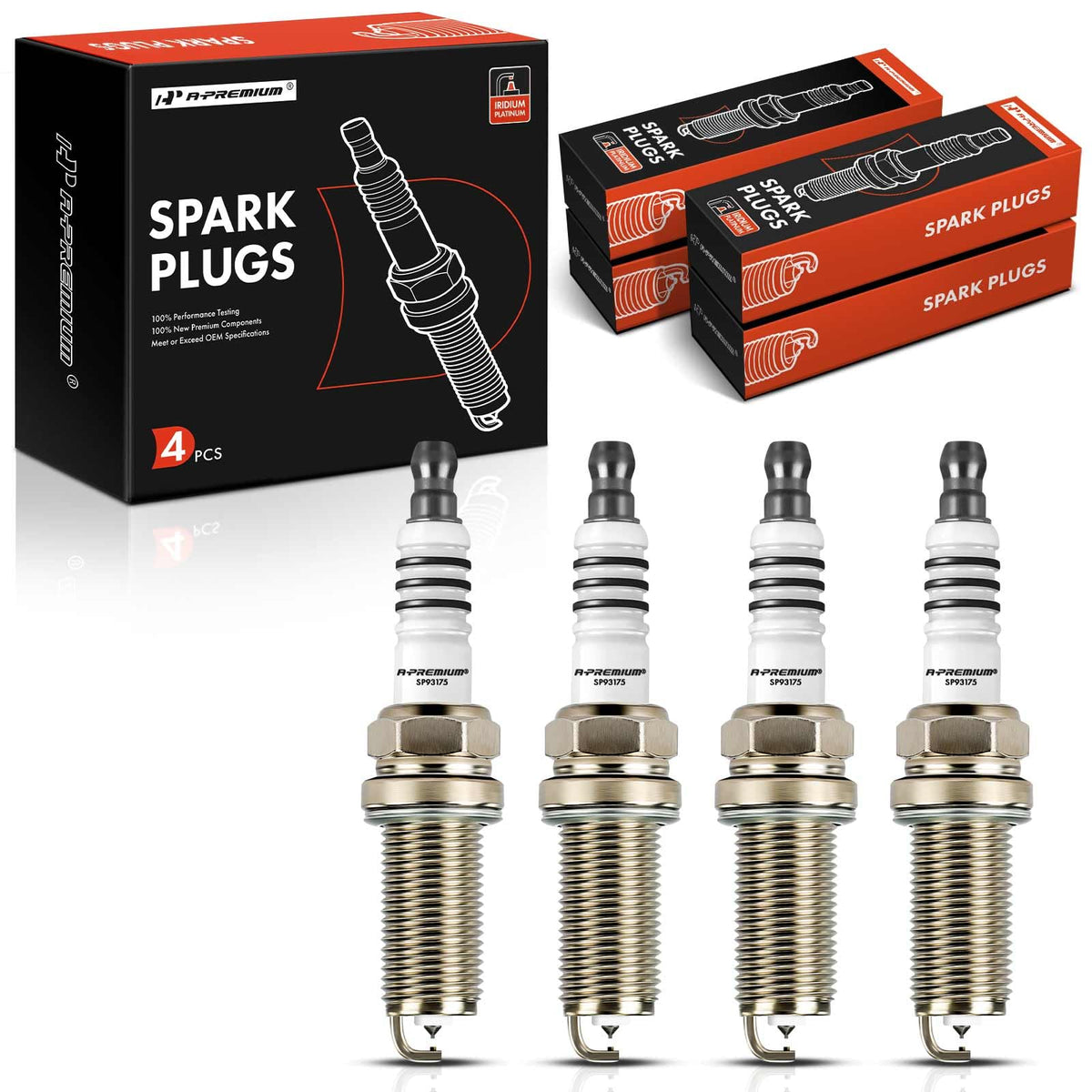 APremium iridium-platinum spark plugs in a 4-pack box for easy replacement