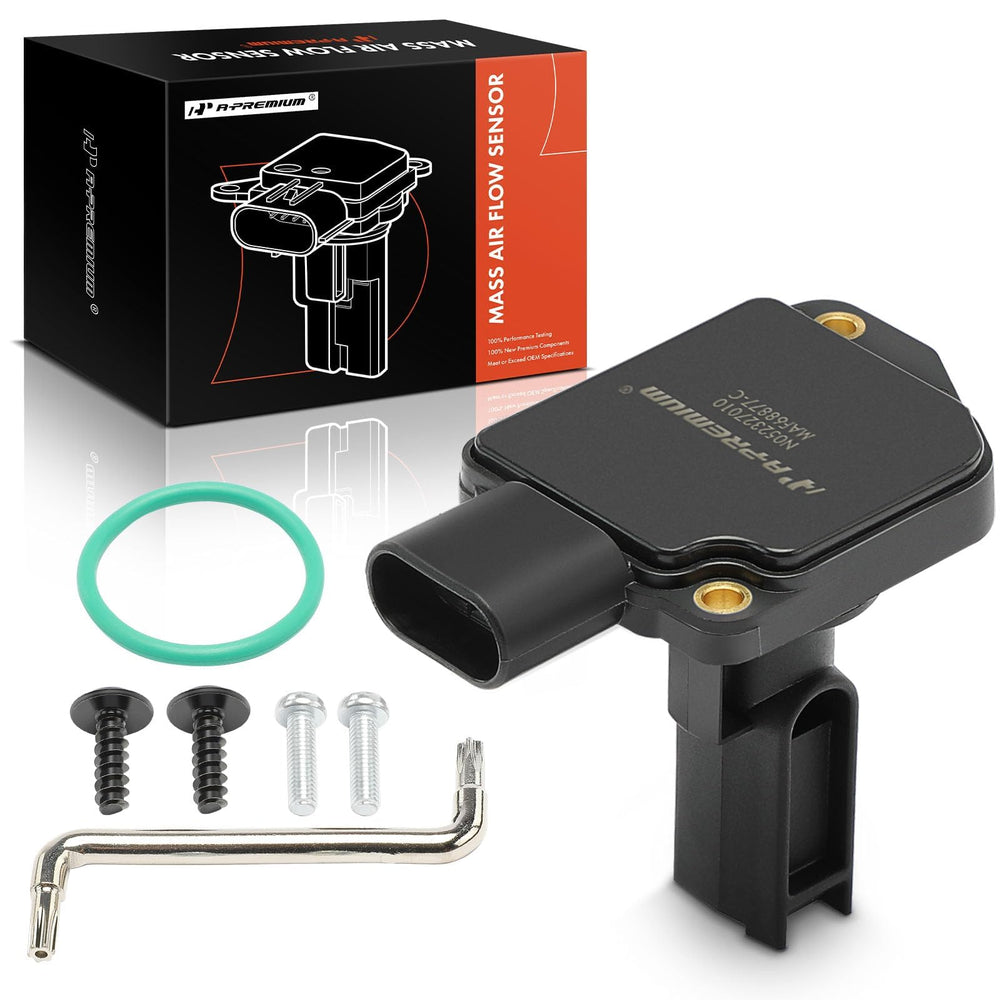 A-Premium MAF sensor front view shows compact three-pin bolt-on design.