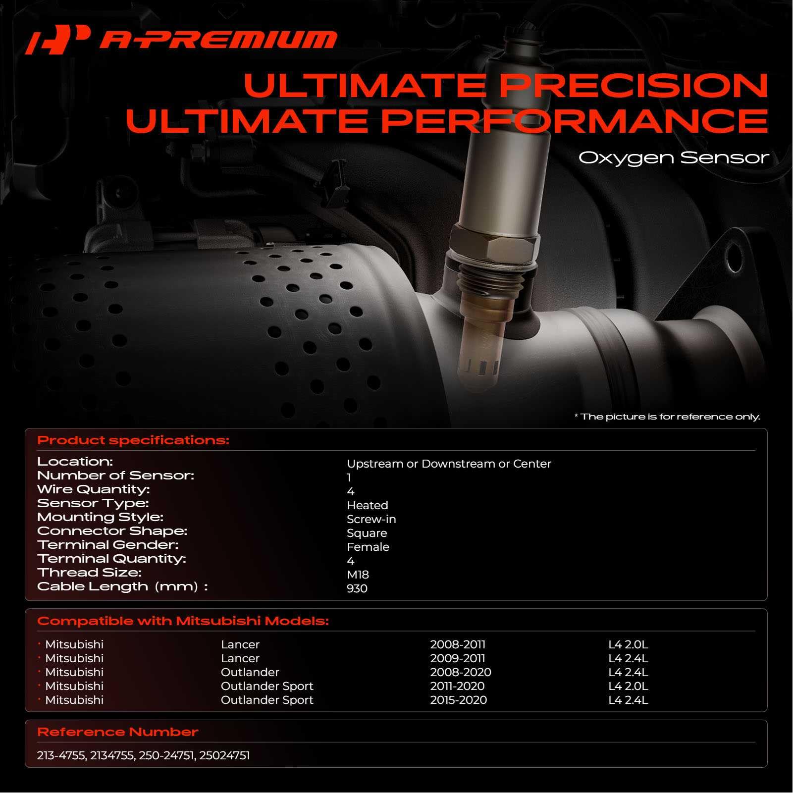 A-Premium O2 sensor downstream connector shows fitment for Mitsubishi engines