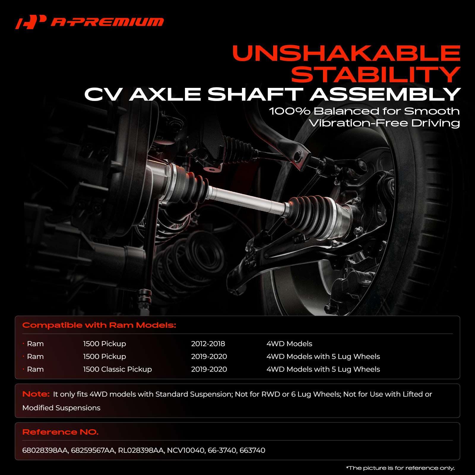 A-Premium front CV axle right view for Ram 1500 4WD enhances drivetrain alignment.