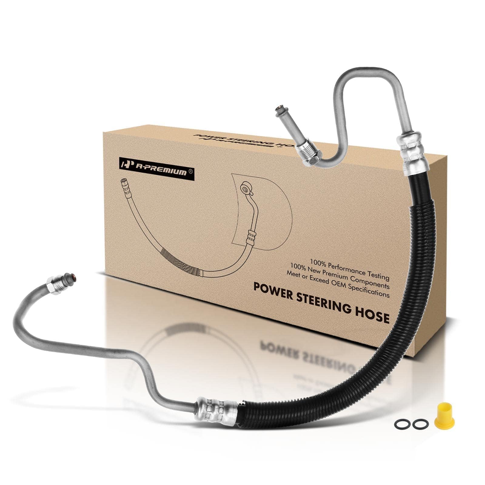 A-Premium power steering hose assembly front view highlighting durable construction for reliable steering.