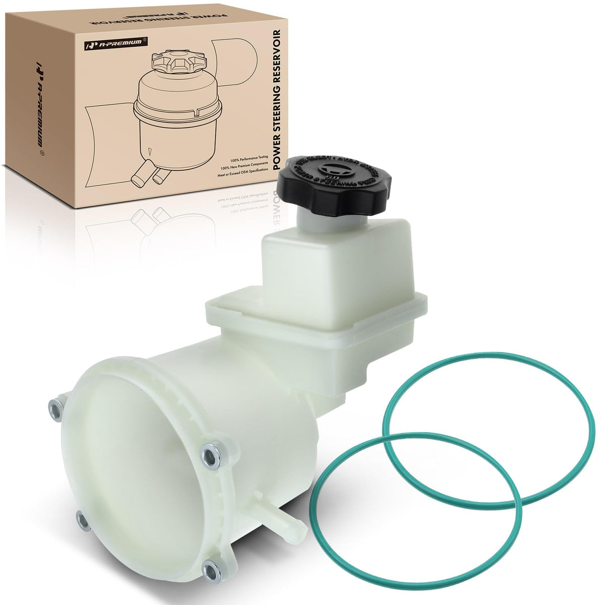 A-Premium power steering reservoir cap assembly close-up showing durable construction for Dodge vehicles.
