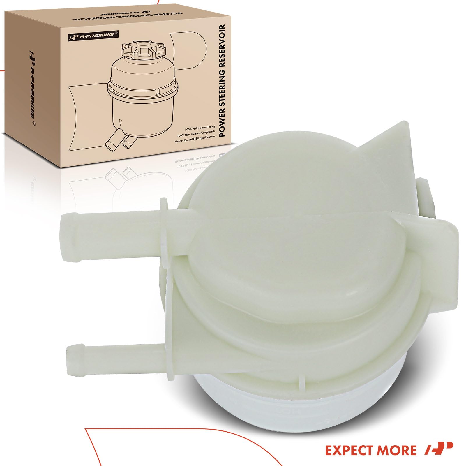 A-Premium power steering reservoir packaging reveals included components.