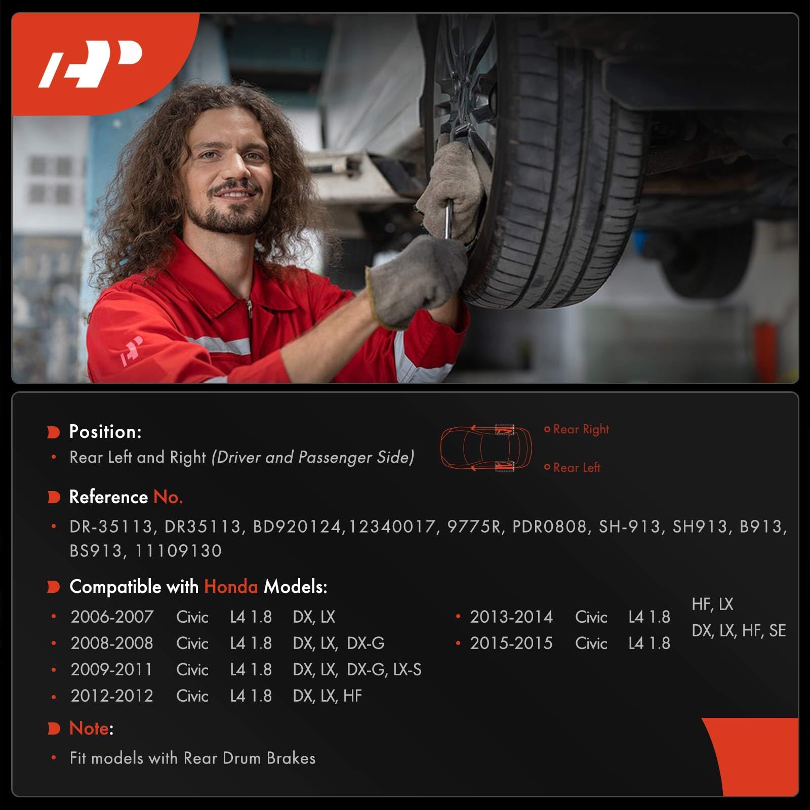 A-Premium rear brake drum right side shown with shoes in a Civic setup.