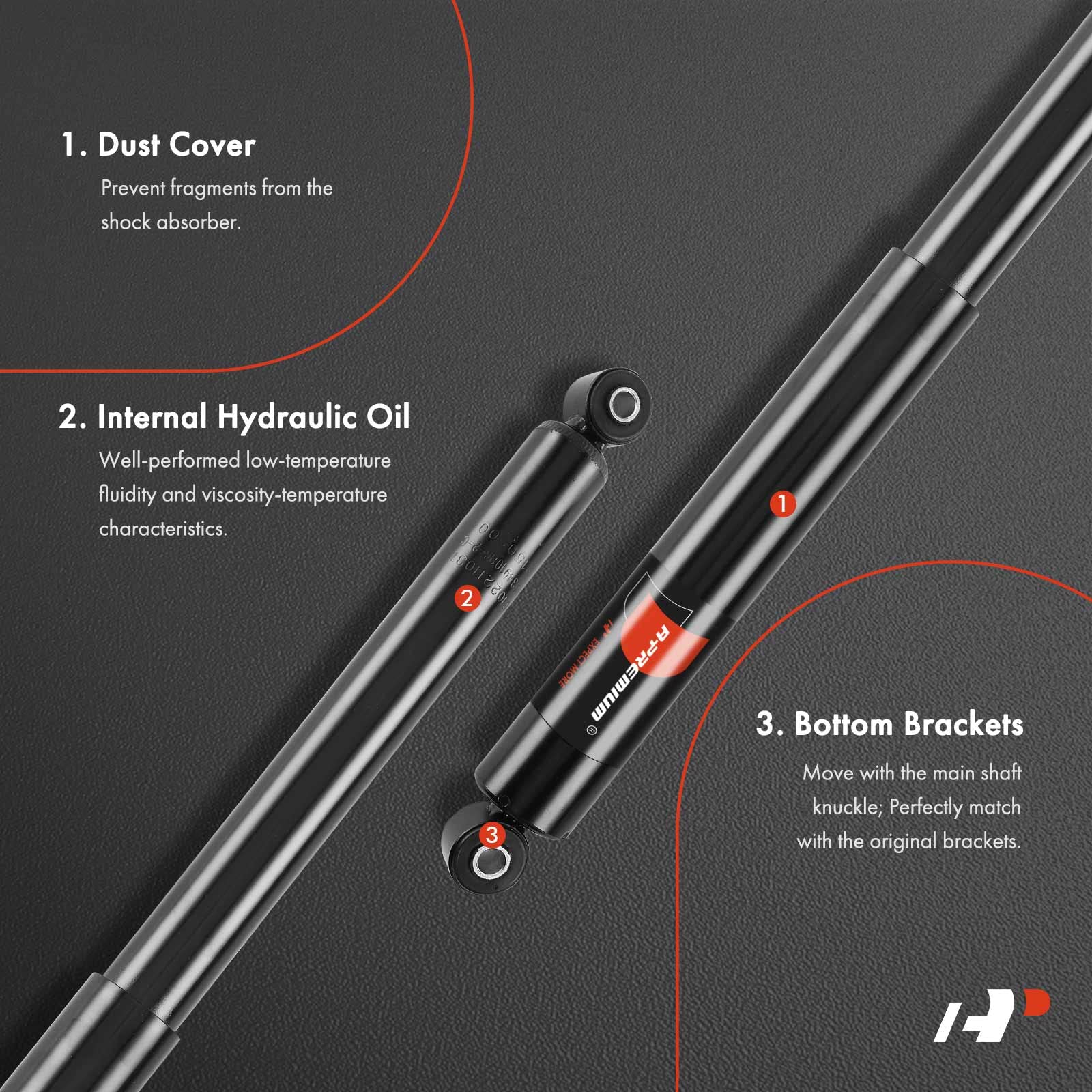 Close-up of A-Premium rear shock showing gas-filled design for stable control.