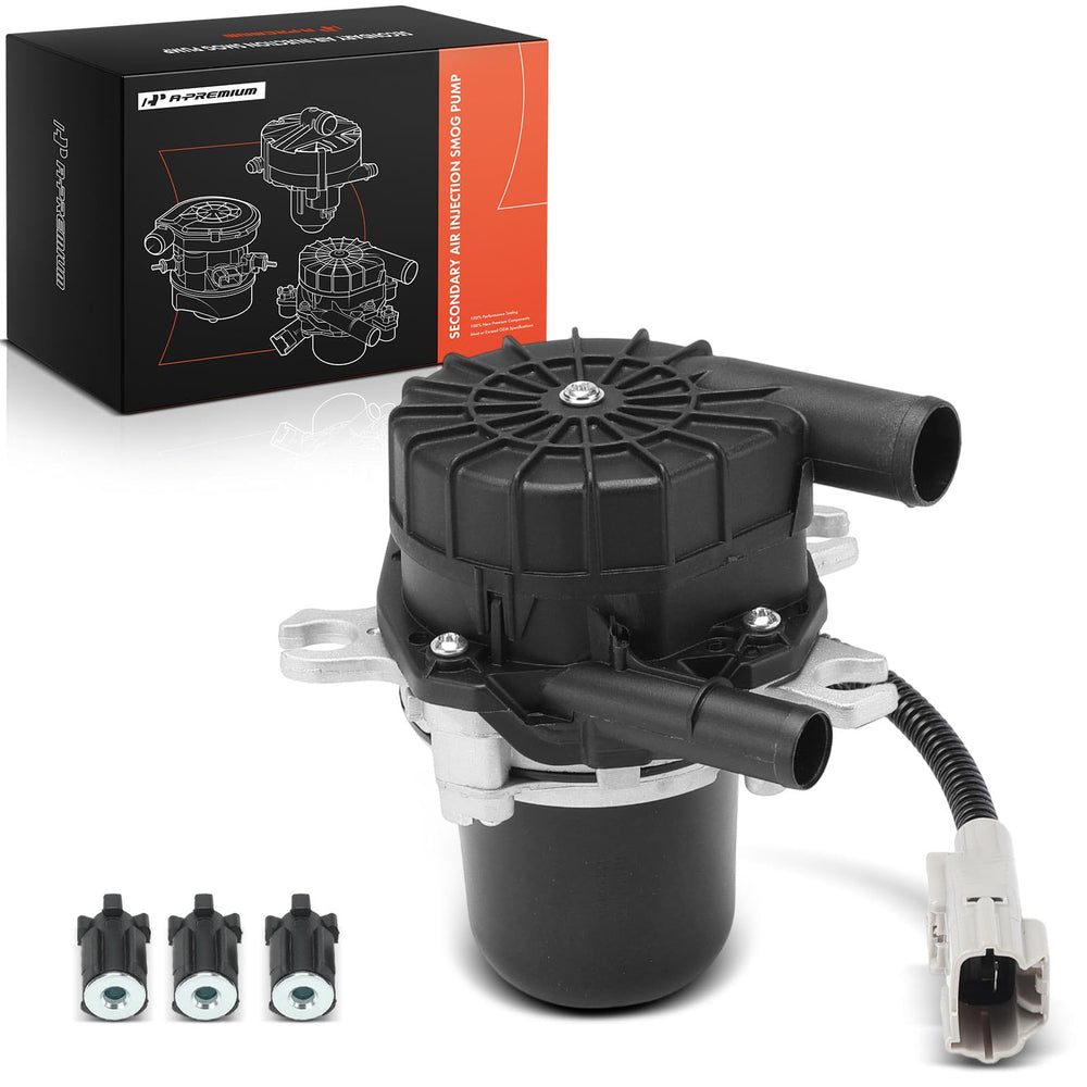A-Premium secondary air injection pump close-up showing durable plastic and aluminum construction.