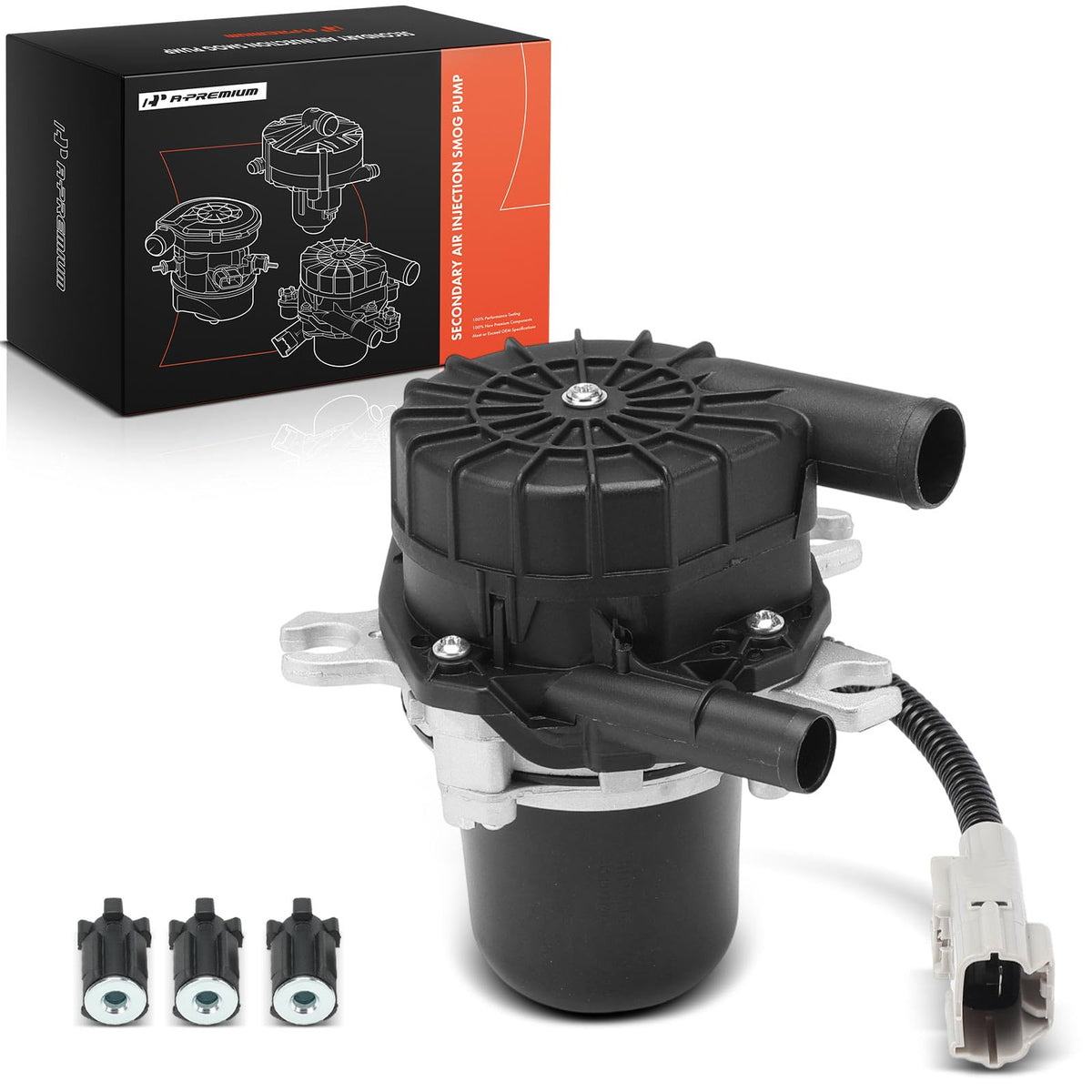 A-Premium secondary air injection pump close-up showing durable plastic and aluminum construction.