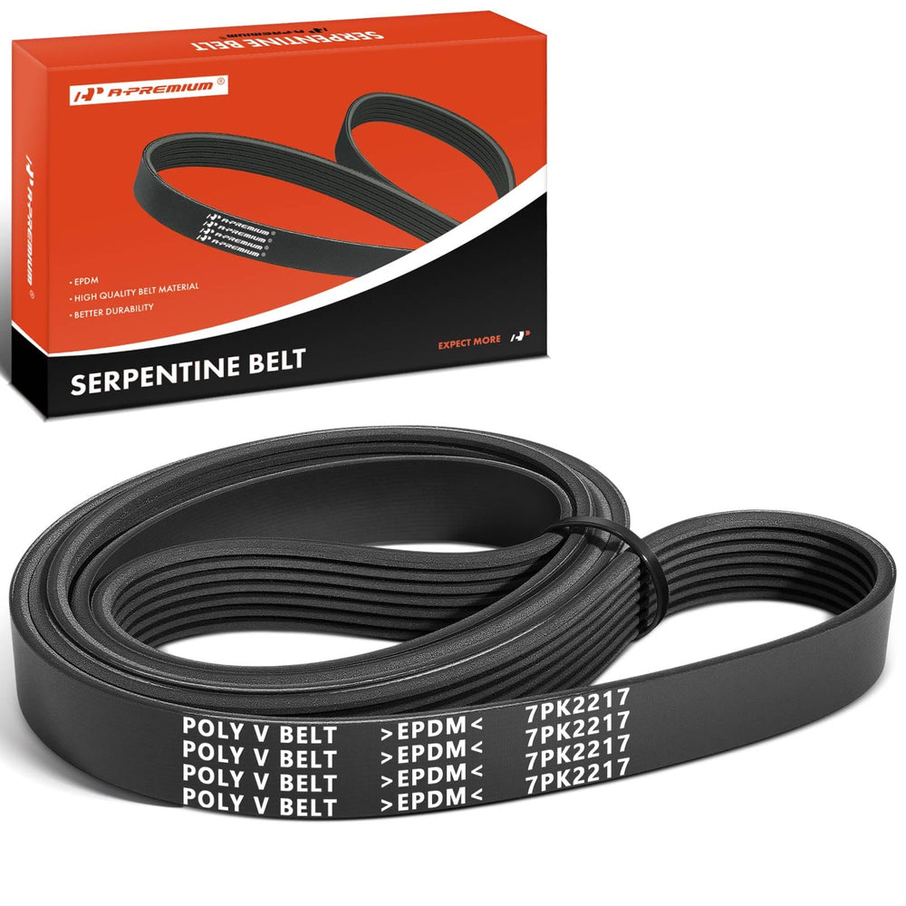 A-Premium serpentine belt 87.28-inch overview highlights EPDM durability.