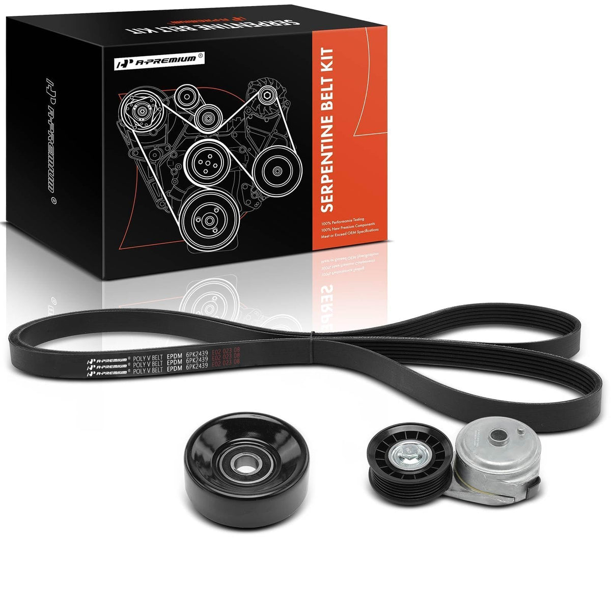 A-Premium serpentine belt kit cover with tensioner and idler, ready for quick installation.