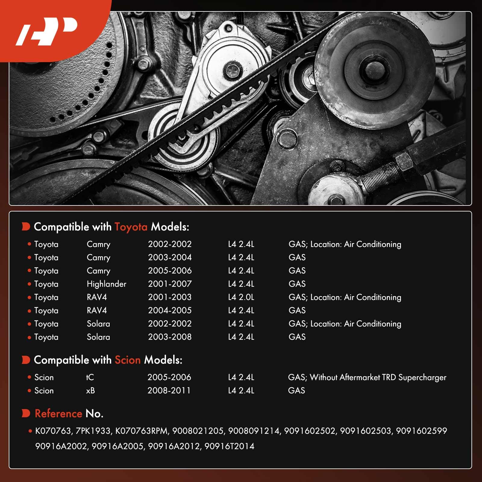 A-Premium belt label shows model compatibility for Toyota and Scion vehicles.